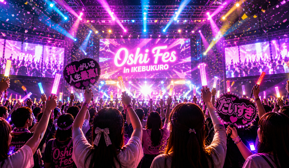 ペンライトが輝く会場で観客が熱狂する推しフェスのライブ空間の様子