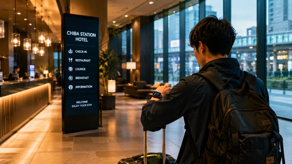 千葉駅直結のホテルロビーでスマートウォッチを確認する旅行者がフェス遠征の準備をしている様子