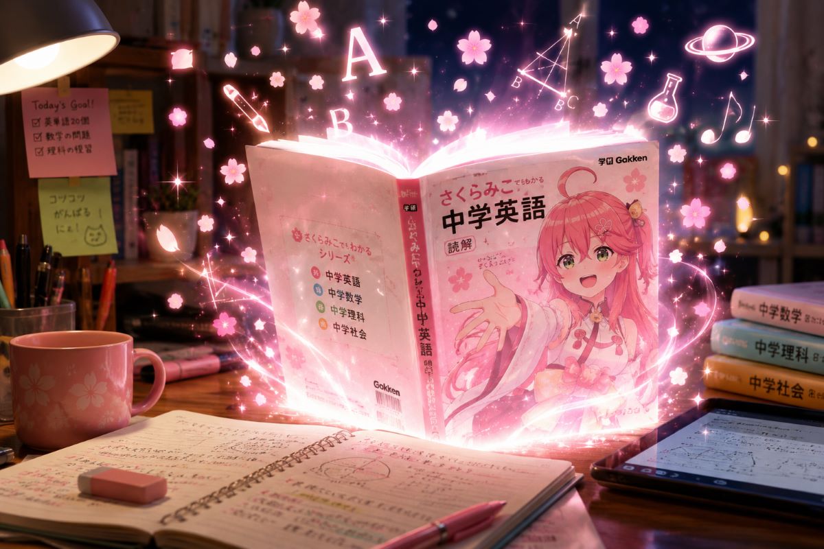 さくらみこ参考書が光を放つ机の上で、勉強道具とデジタル端末が並ぶ未来的な学習風景