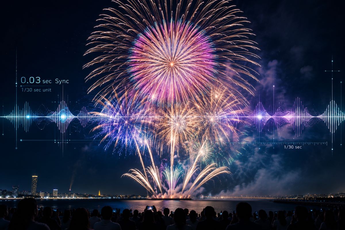 音楽と精密にシンクロした花火が夜空を彩る、いなげの浜50周年記念イベントの幻想的な風景