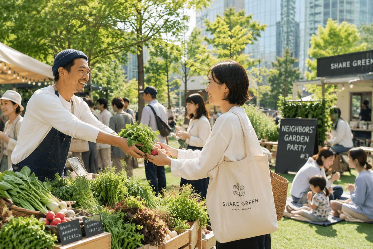 都会の緑あふれるマーケットで、野菜を手渡しながら交流を楽しむ人々の風景