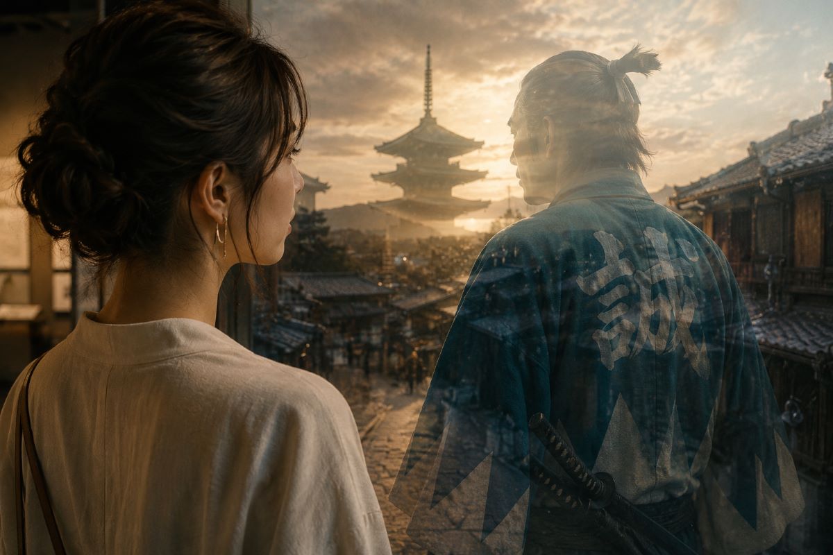 京都の夕景を前に、現代の人物と新選組隊士の姿が重なる幻想的な風景