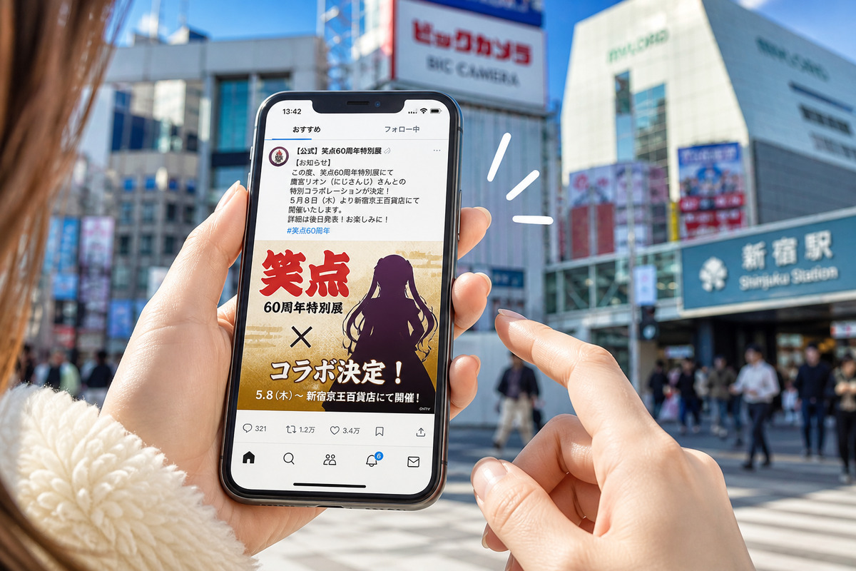 新宿の街中でスマートフォンに表示されたコラボ発表を見て驚く様子を切り取ったシーン