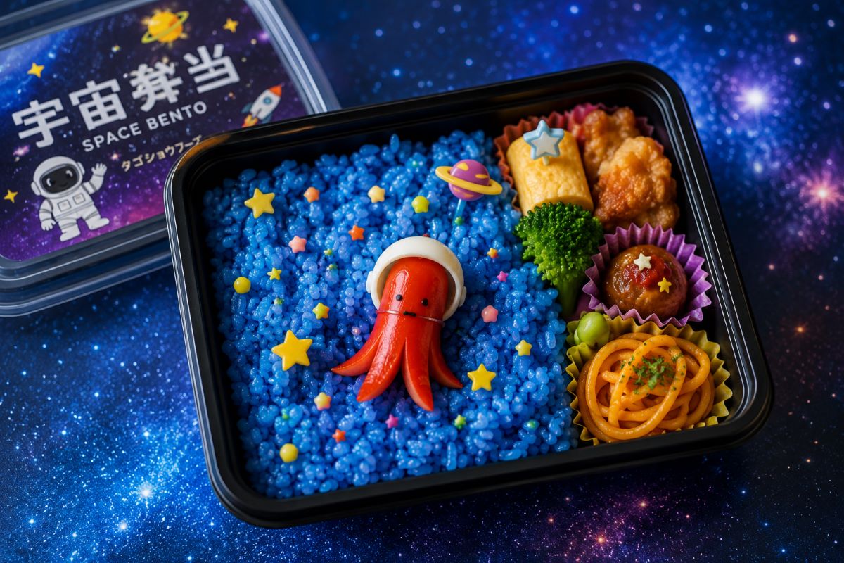 青いご飯とタコさんウインナーが宇宙のように広がる遊び心満載の宇宙弁当