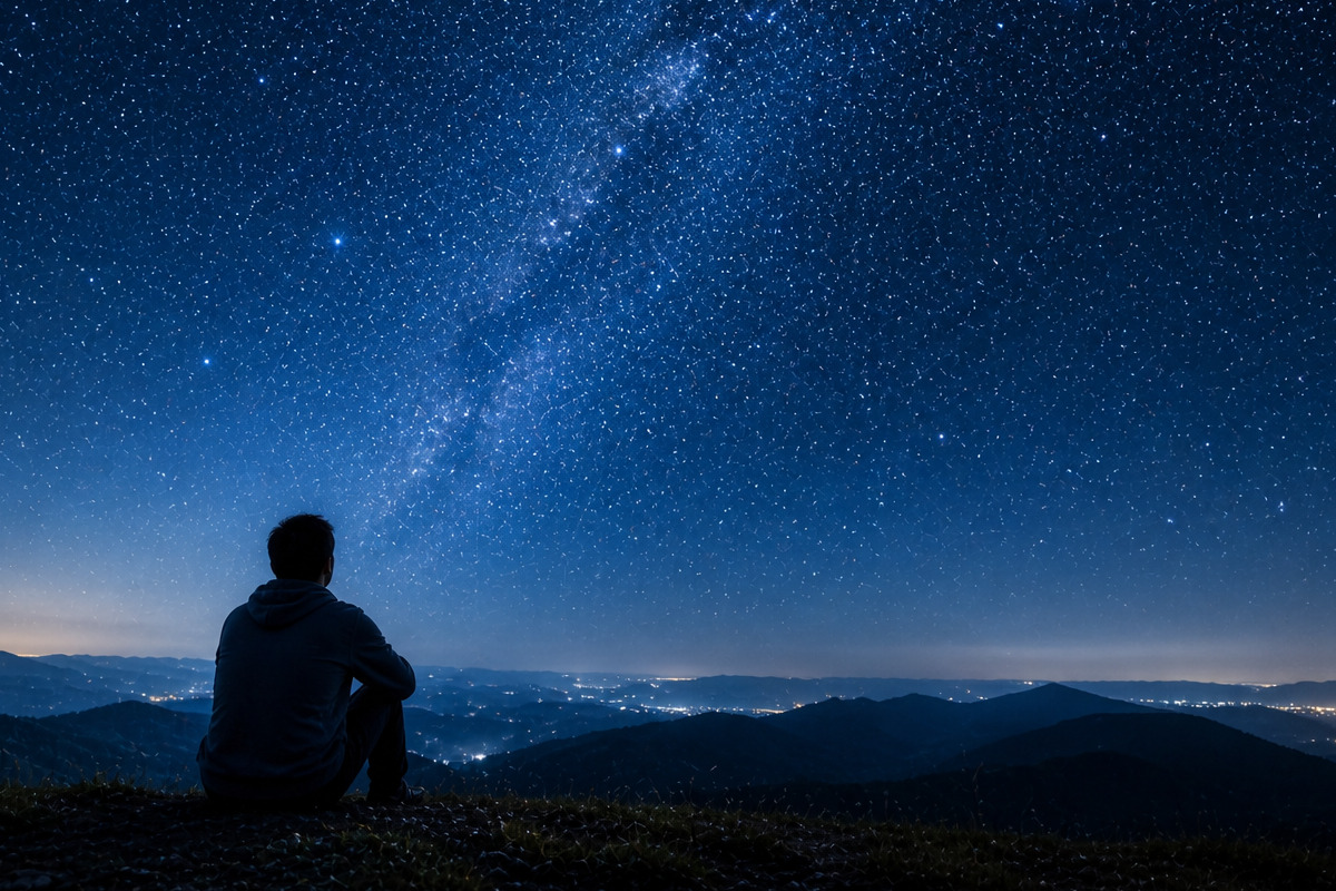 満天の星空を見上げる人物の後ろ姿と、静かな夜に心が落ち着くひとときを感じる風景