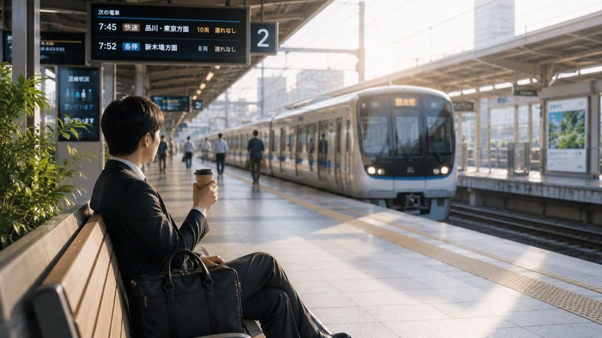 静かな朝の駅ホームでコーヒーを片手に列車を待つ会社員と快適な通勤風景