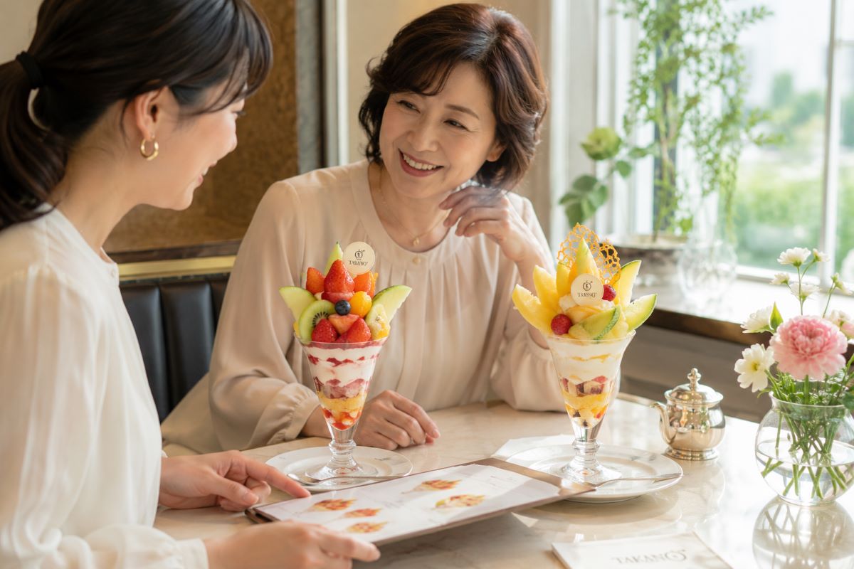 初夏の光が差し込む店内で、母の日限定パフェを囲みながら談笑する親子