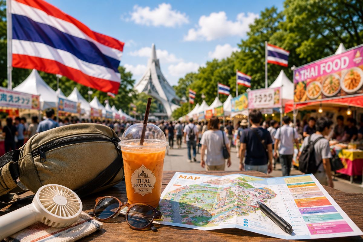 タイフェス会場を背景に、地図やタイティー、携帯扇風機を並べた快適なフェス攻略イメージ