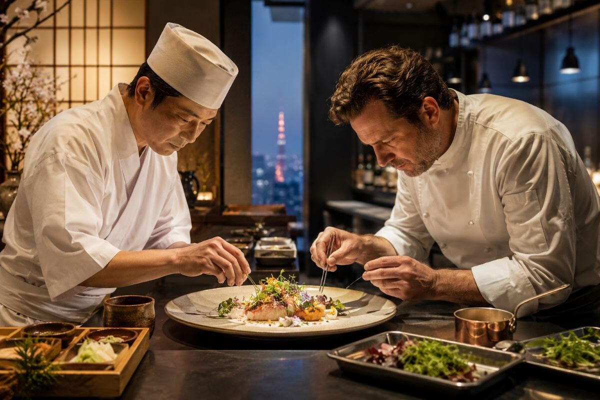 和食職人とフレンチシェフが一皿を仕上げる、東京の食文化の融合を象徴したシーン
