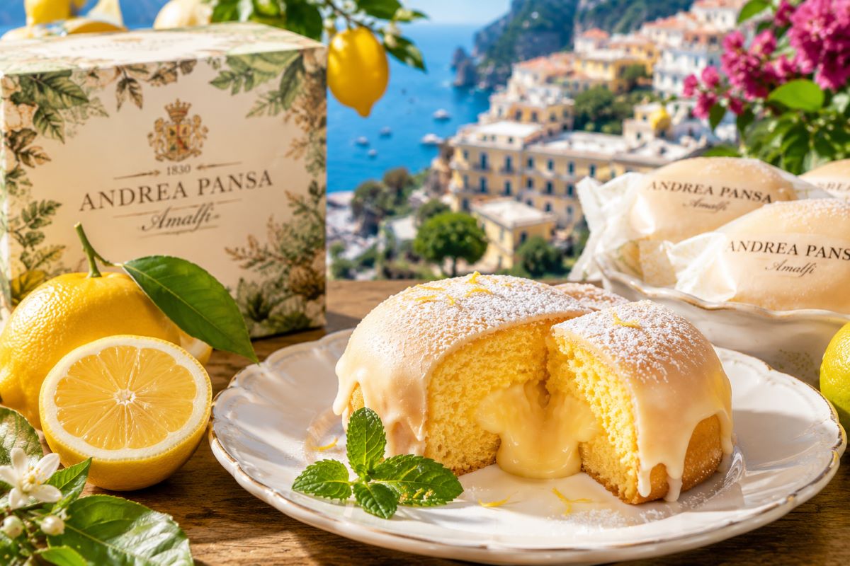 アマルフィ風景を背景に、レモンケーキと鮮やかなレモンが並ぶ南イタリアらしいスイーツ風景