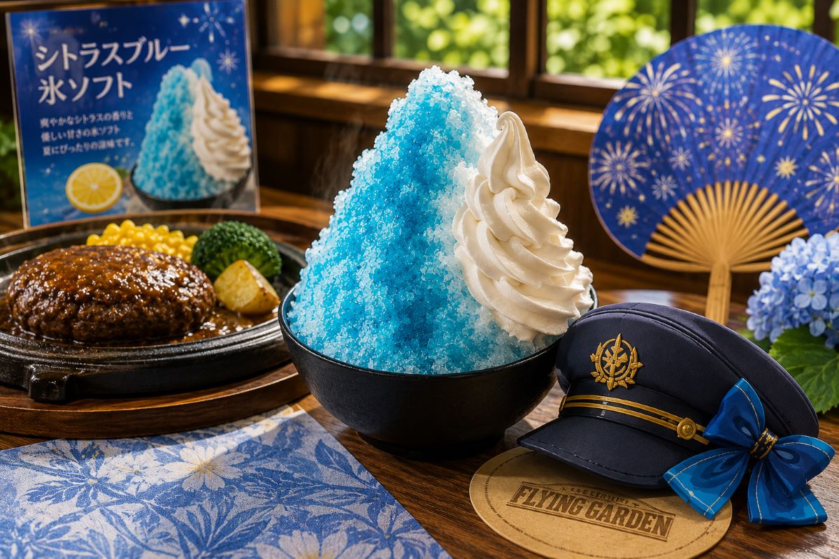 青いかき氷ソフトとハンバーグ、夏らしい帽子やうちわを添えたコラボをイメージしたテーブル風景