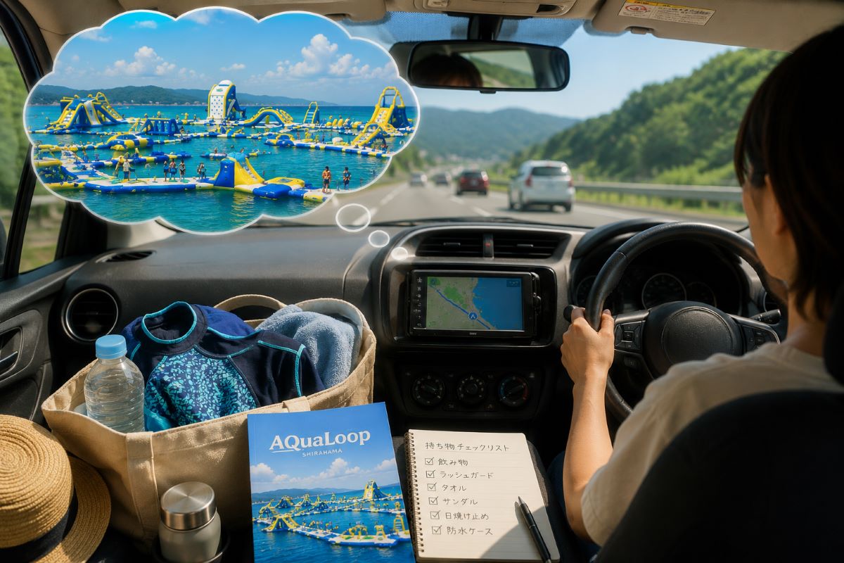 白浜へ向かう車内で持ち物を準備しながら海上アスレチックを思い描く夏のドライブ風景