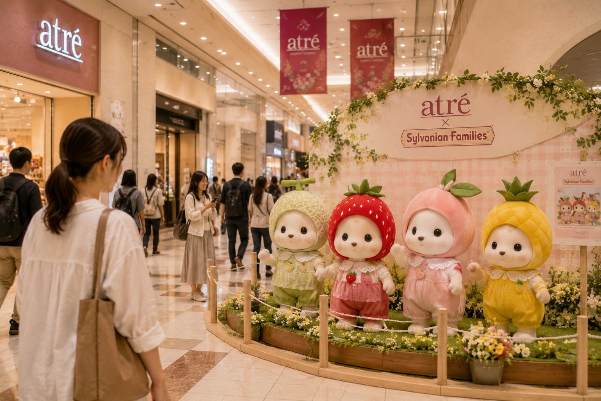 アトレ館内でフルーツ衣装のシルバニアファミリー展示を眺める買い物客の様子。