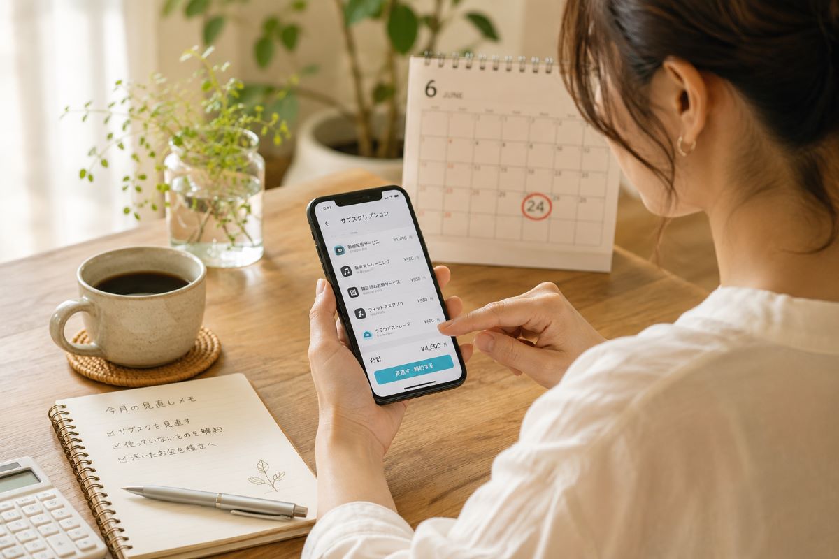 スマートフォンでサブスクを見直しながら家計を整える女性と、6月24日のカレンダーが置かれた穏やかな朝の風景