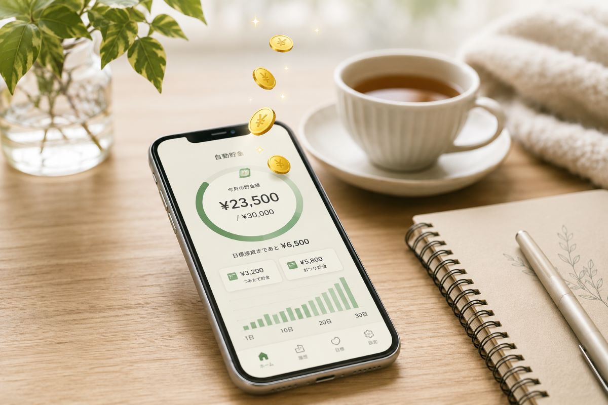 スマートフォンの自動貯金アプリ画面にコインが集まり、少額貯金が積み上がる様子を表現したイメージ