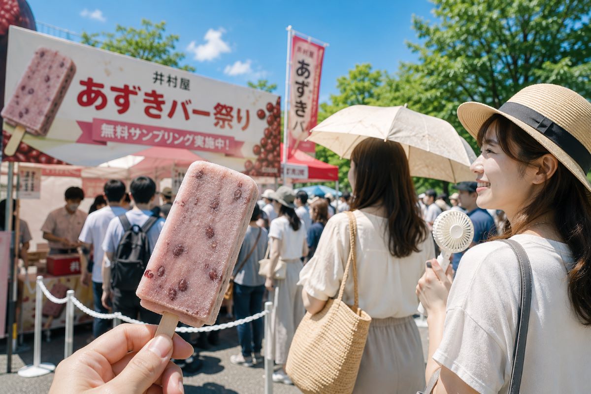初夏の青空の下、あずきバーを手に無料サンプリング会場へ並ぶ来場者たちの様子