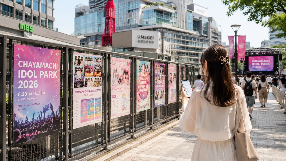 茶屋町のイベントポスターが並ぶ通りを、スマートフォンでタイムテーブルを確認しながら歩く来場者の後ろ姿
