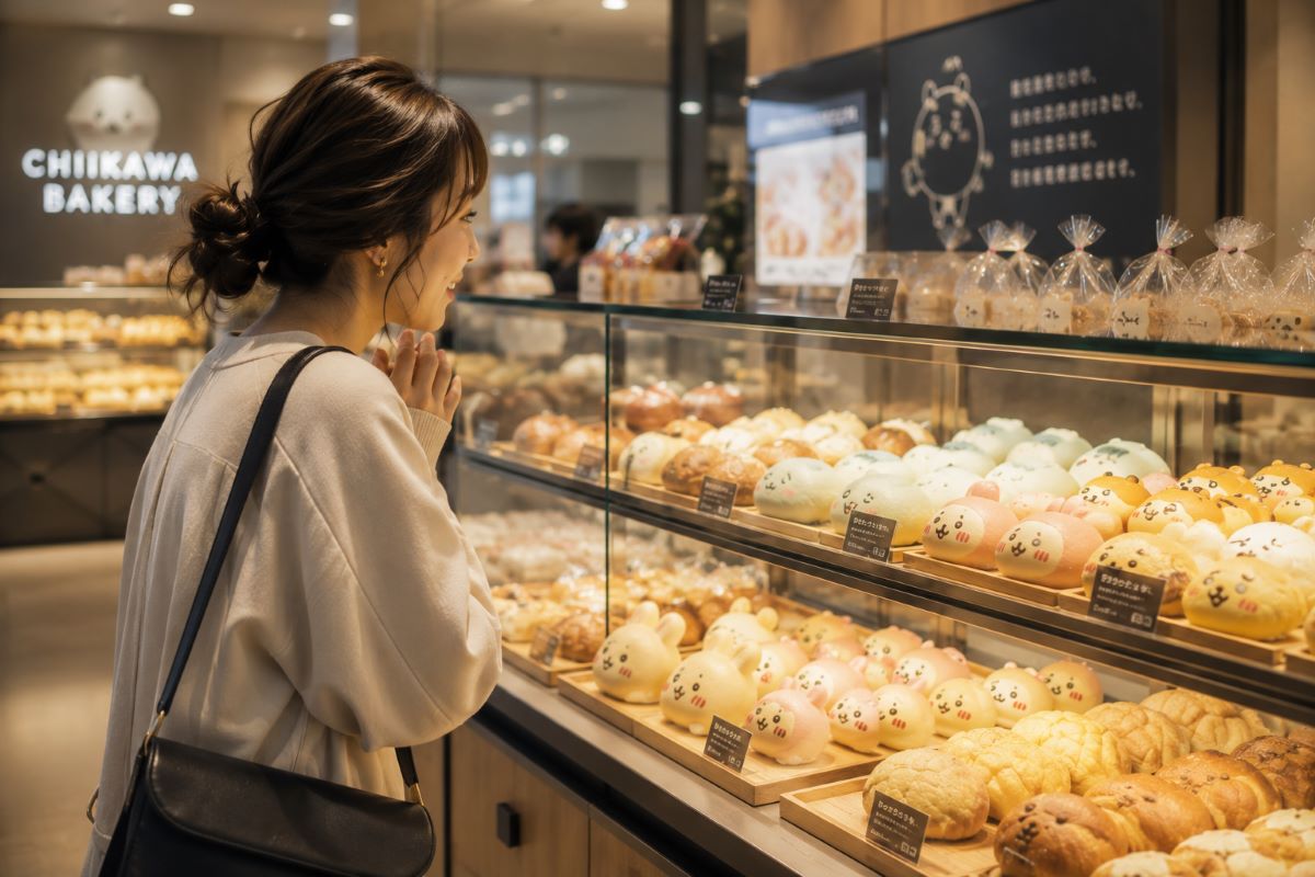 かわいらしい動物モチーフのパンが並ぶショーケースを前に、来店を楽しみにする女性の様子