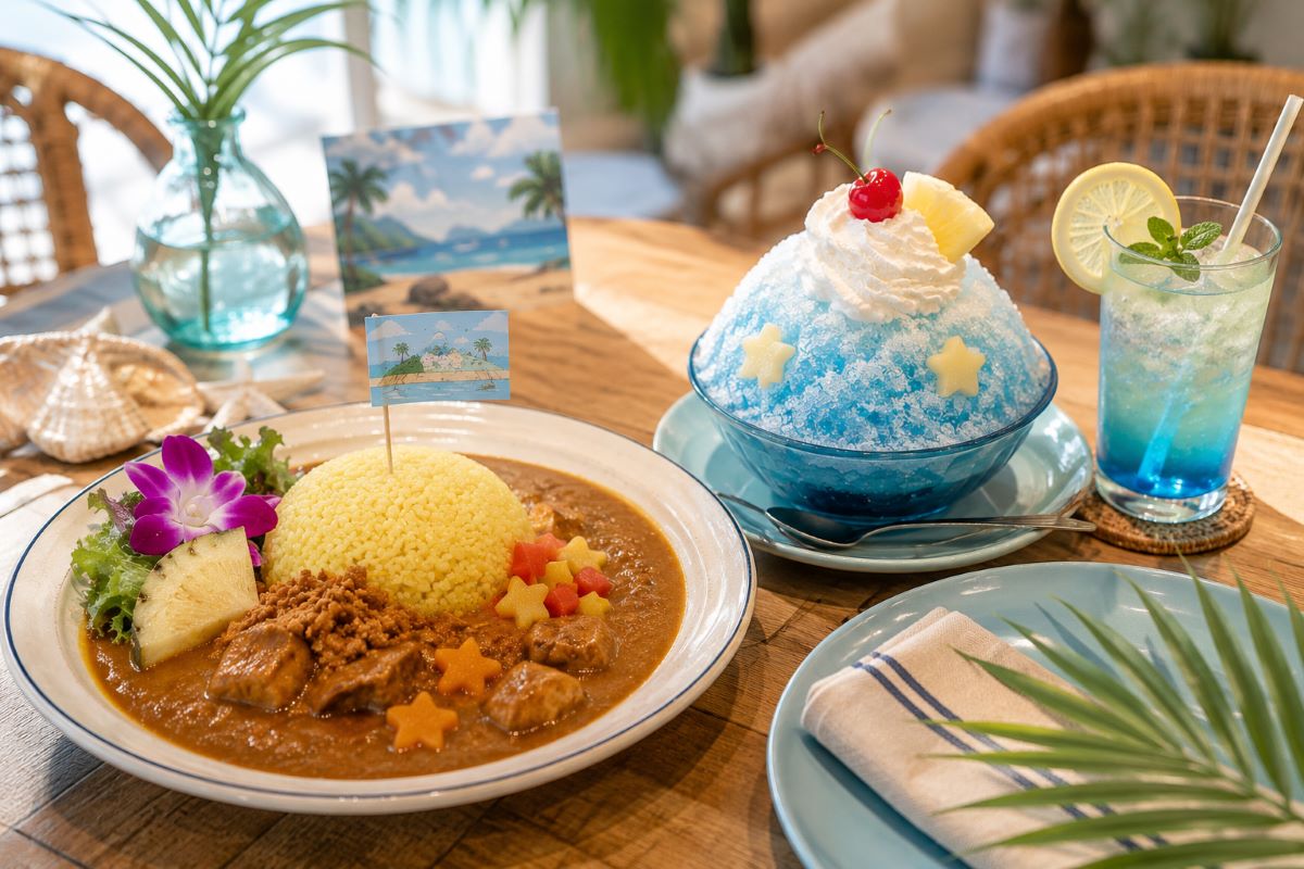 南国風カレーとかき氷、トロピカルドリンクが並ぶ島をテーマにしたコラボカフェのテーブル風景
