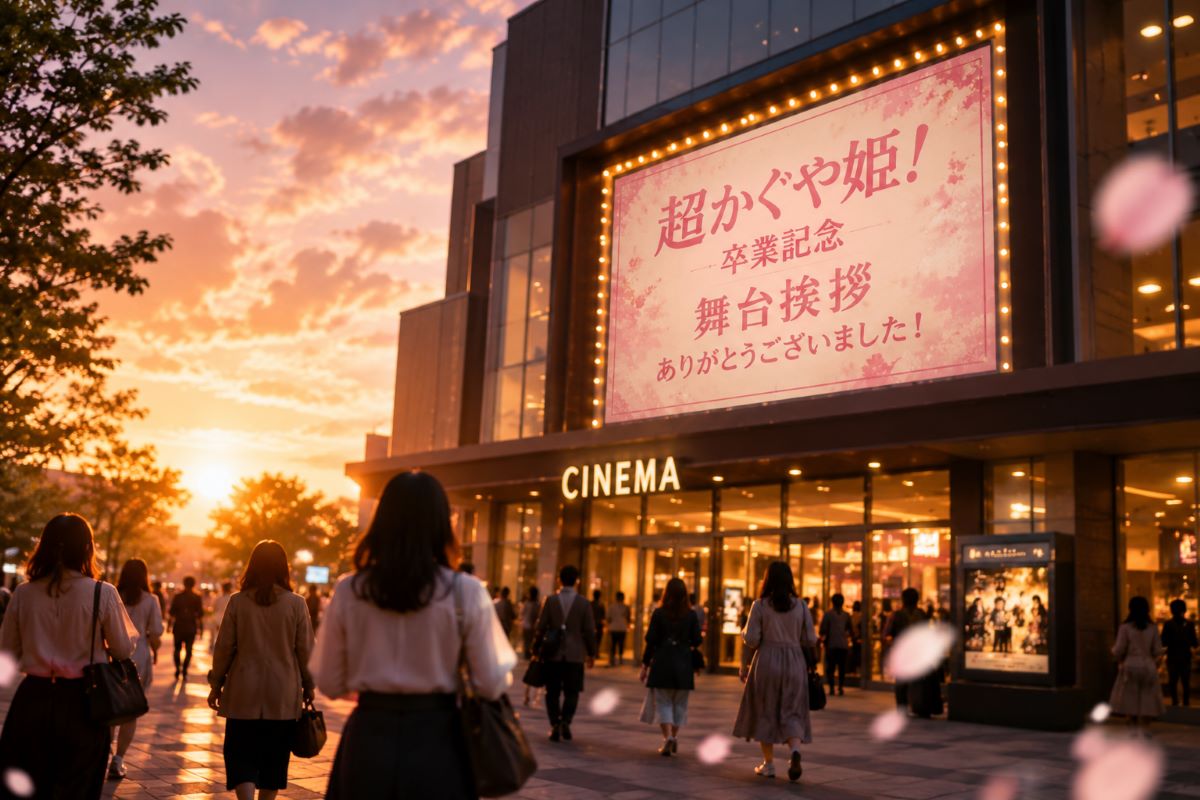 夕暮れの映画館に向かう人々が集まり、作品の節目を見届ける特別な上映会の雰囲気を表現した風景