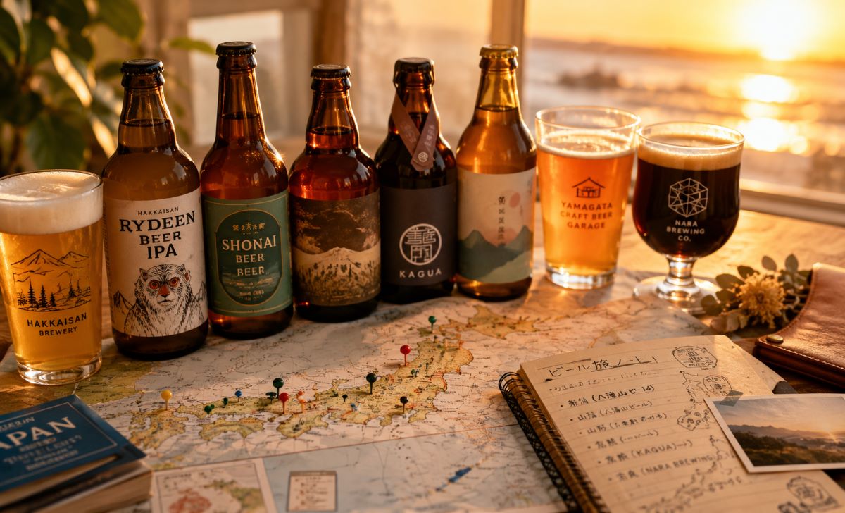 日本地図と旅ノートの上に全国のクラフトビールが並び、旅気分で地ビールを楽しむ様子