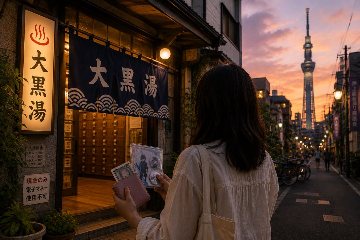 夕暮れの押上で推しグッズと財布を手に銭湯へ向かう来訪者と、スカイツリーが見える下町の風景