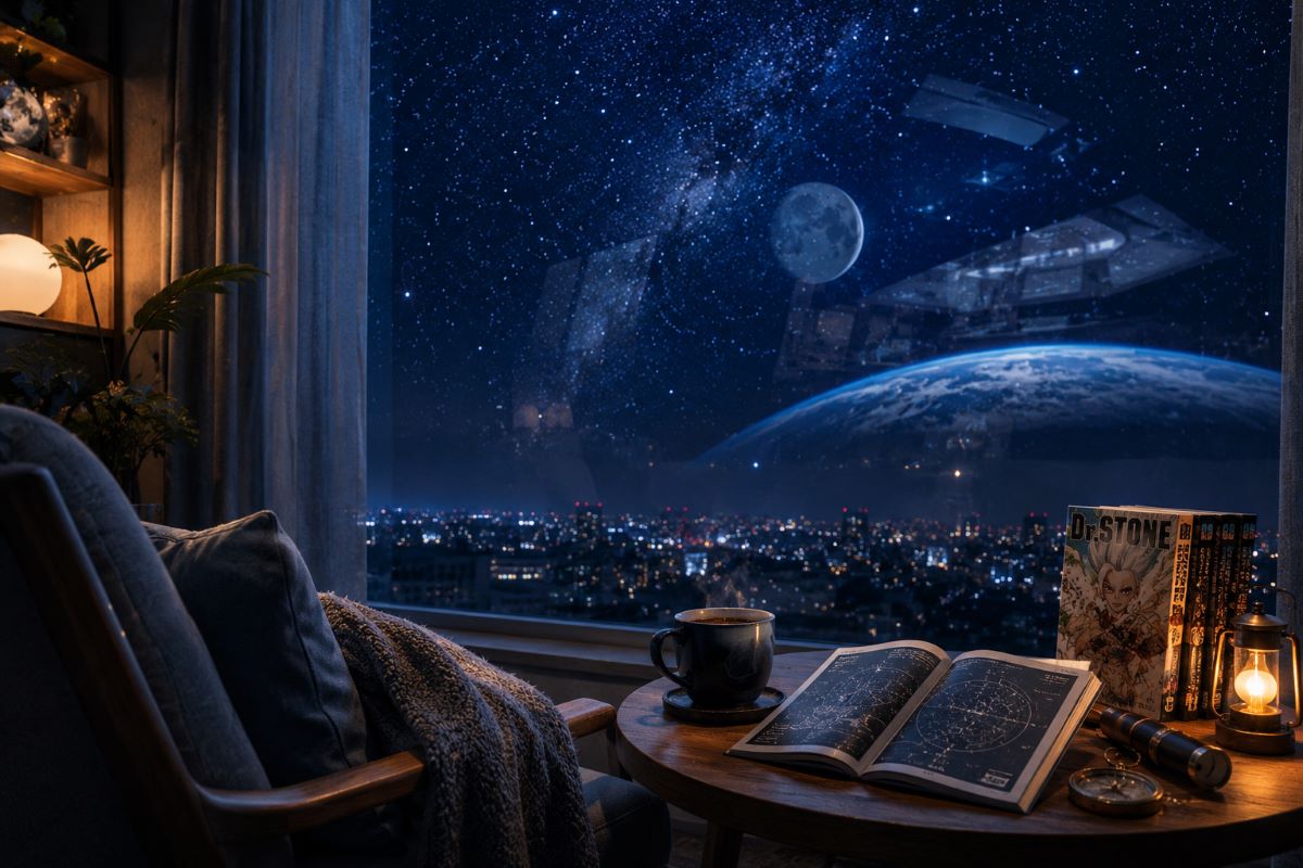 夜景と星空を望む窓辺で温かい飲み物を片手に宇宙へ思いを巡らせる、静かなひとときを描いた風景