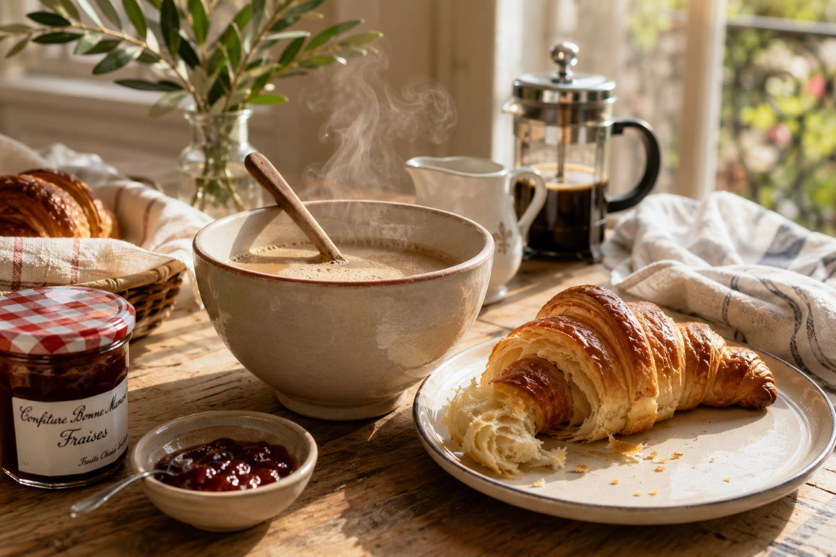 朝の光が差し込む食卓でカフェオレとクロワッサンを楽しむフランス風の朝食風景