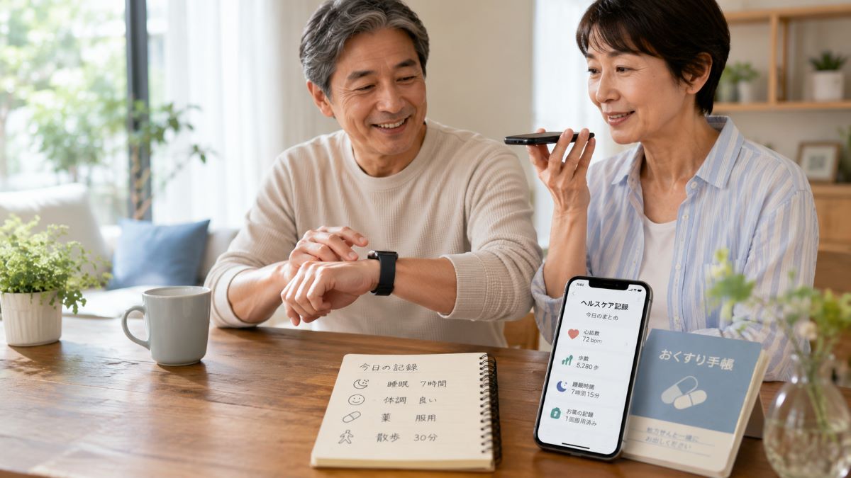 スマートウォッチや音声入力を活用しながら、夫婦で健康記録を続ける日常の様子