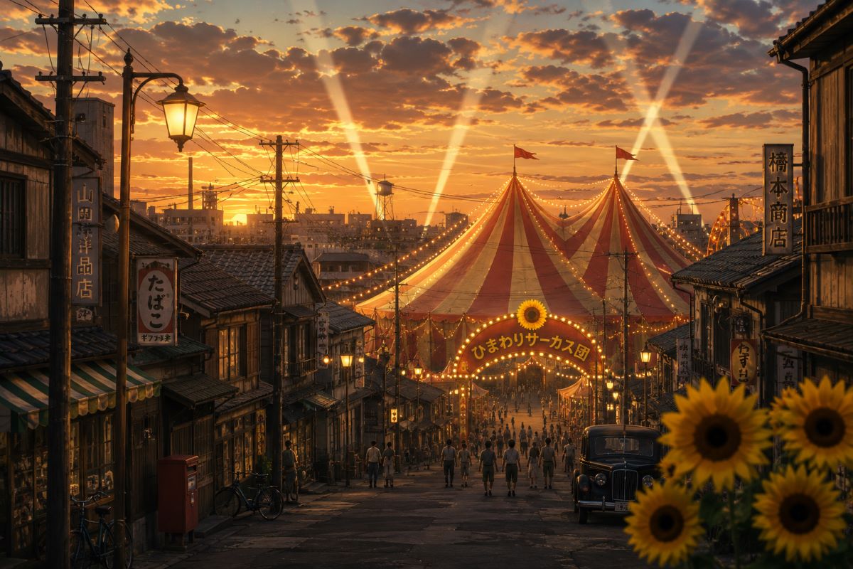 昭和の商店街の先に大きなサーカステントが建ち、夕焼け空にサーチライトが伸びる幻想的な風景