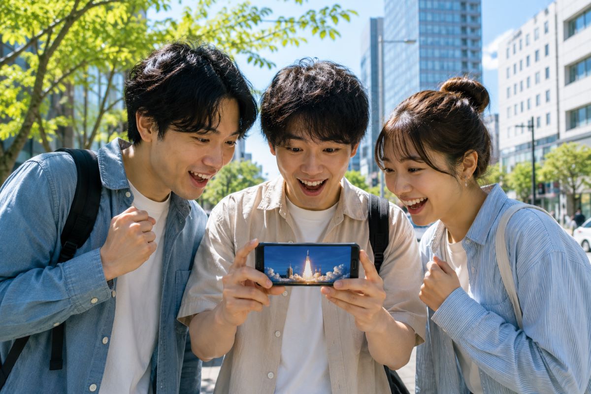 初夏の街中で集まった若者たちがスマートフォンのロケット打ち上げ映像を見ながら歓声を上げている様子