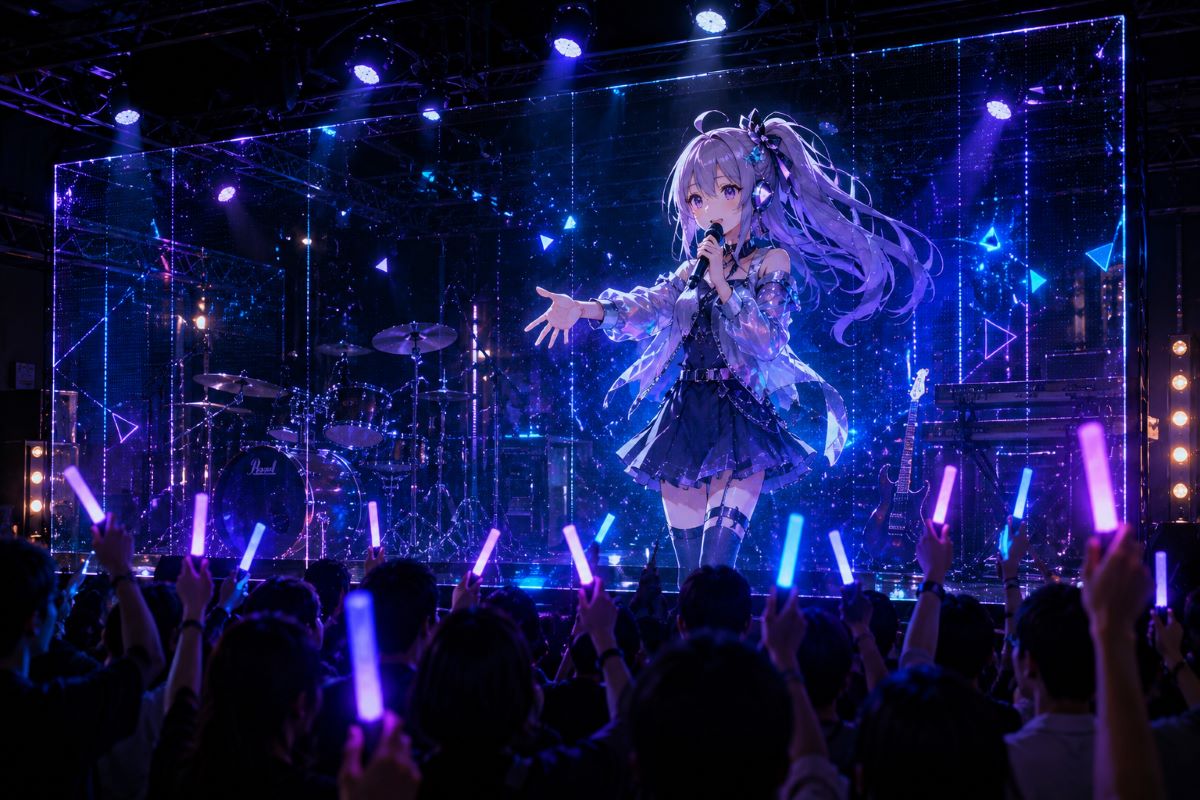 透過LED越しにバーチャルシンガーが歌い、観客がペンライトを振る近未来的なXRライブの様子。