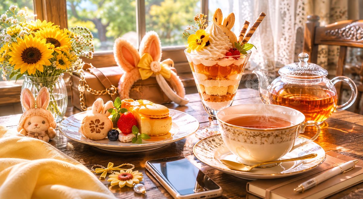 午後の光が差し込むカフェで、紅茶を味わいながら穏やかな時間を過ごす大人の推し活をイメージした風景
