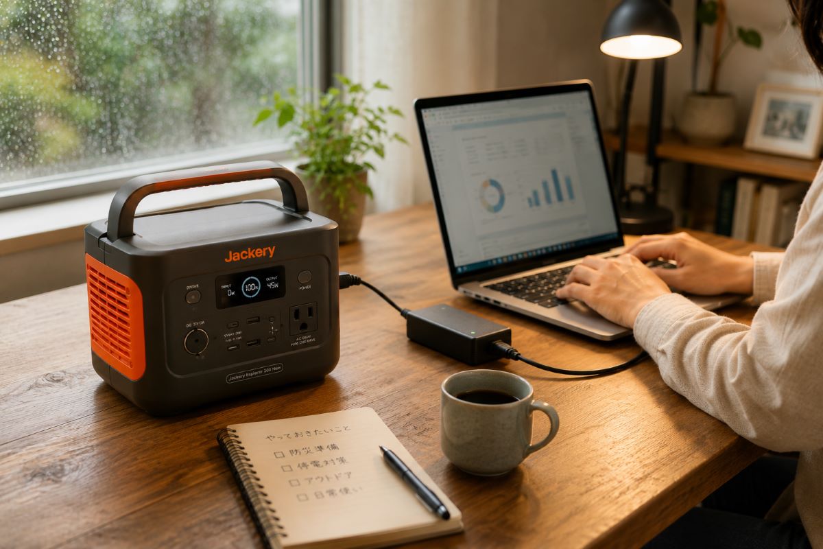 雨の日の自宅でノートPC作業を続けながら、ポータブル電源を活用している様子
