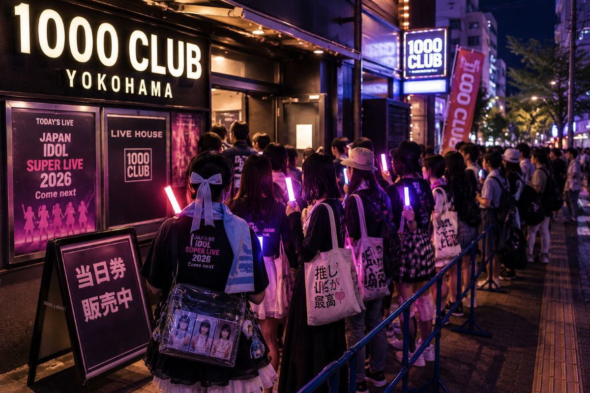 横浜1000CLUB前で開場を待つファンがペンライトや推しグッズを手に列を作るライブ前の風景