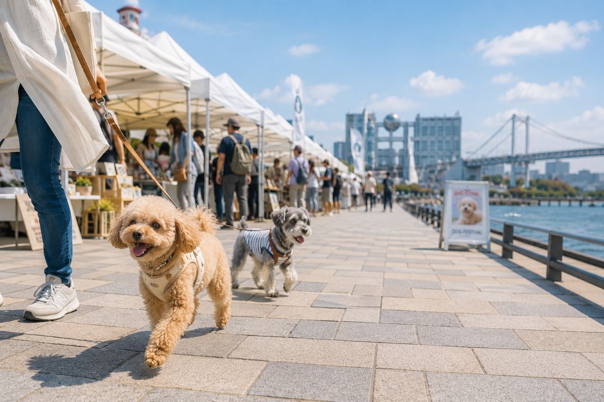 お台場の海辺プロムナードを歩く犬たちと、白いマルシェテントが並ぶ都市型ドッグフェスの風景