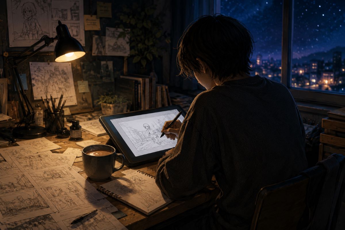 夜のデスクで絵コンテを広げ、タブレットでアニメ制作に打ち込むクリエイターの後ろ姿。
