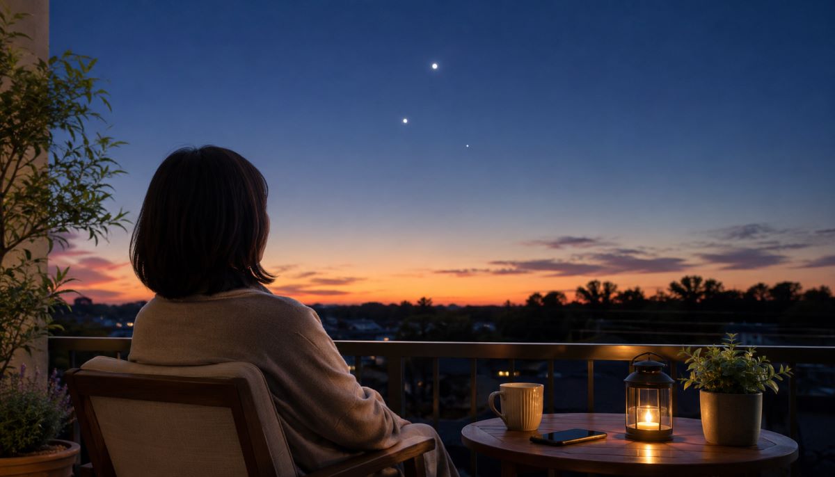 夕暮れのベランダでスマホを置き、6月の惑星接近が見える西の空を静かに見上げる様子