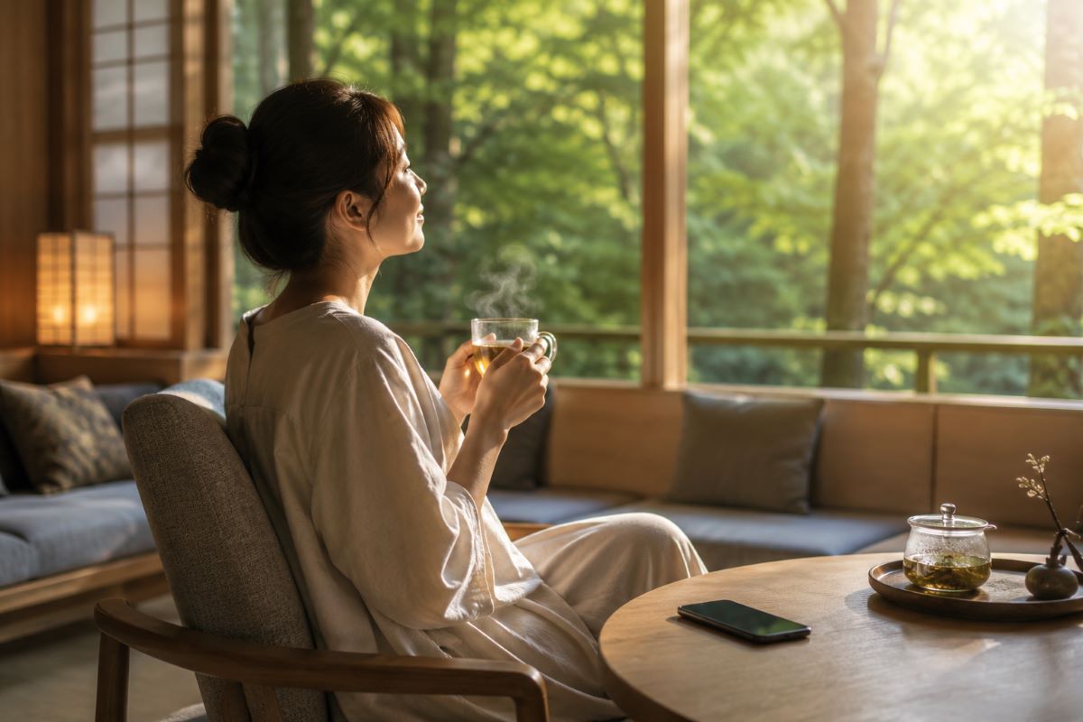 旅館のラウンジでスマートフォンを置き、温かいお茶を飲みながら静かな時間を過ごす女性の様子