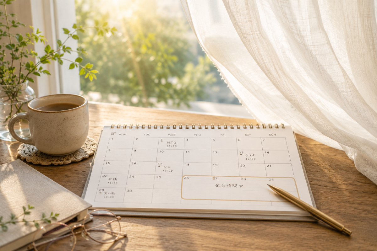 朝の光が差し込む窓辺で、カレンダーに確保した余白時間を眺めながら静かなひとときを過ごす様子