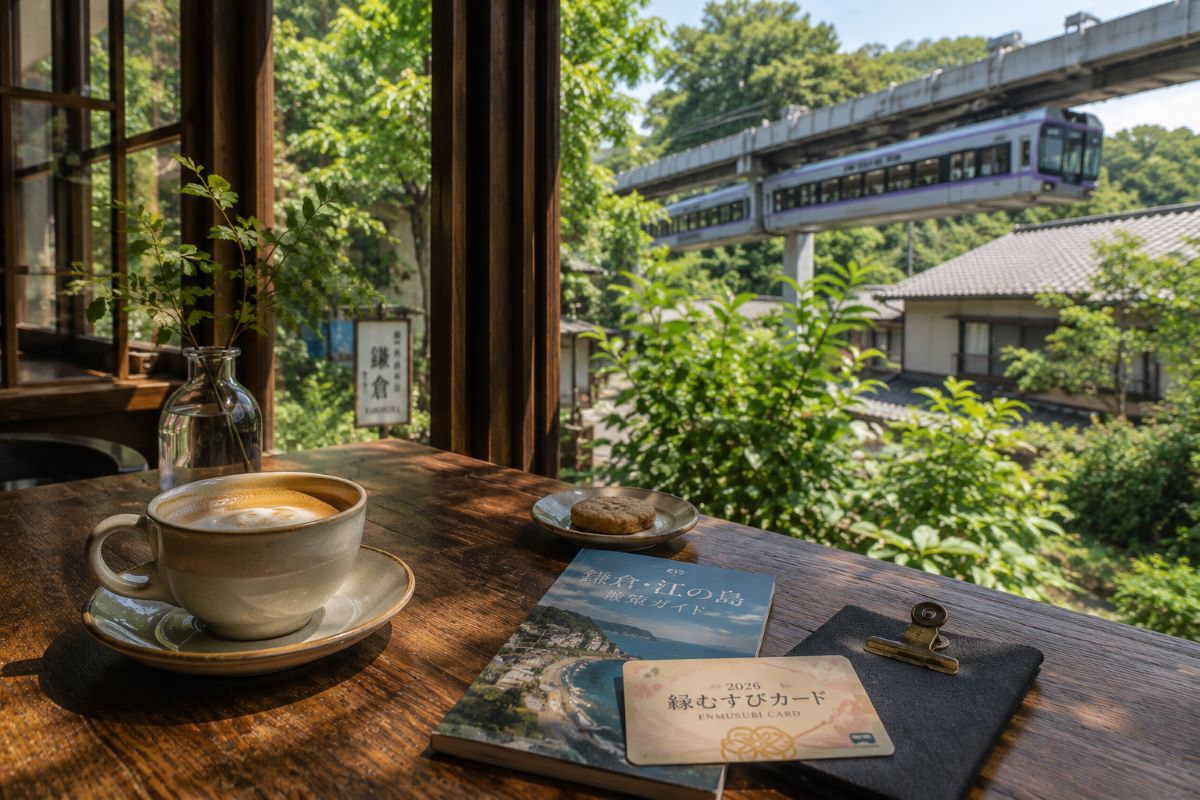 古民家カフェの窓辺でコーヒーを楽しみながら、湘南モノレールと緑豊かな鎌倉の景色を眺める平日の散策風景