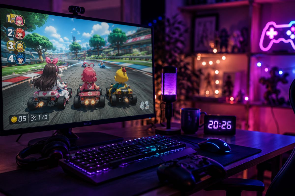 ゲーム大会を思わせるレース画面とVTuberを連想させる後ろ姿が映る配信デスクのイメージ