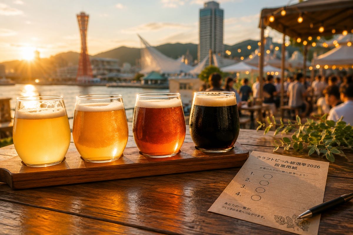 神戸の港を望む会場で、色の異なるクラフトビールを飲み比べながらお気に入りの一杯を選ぶ様子