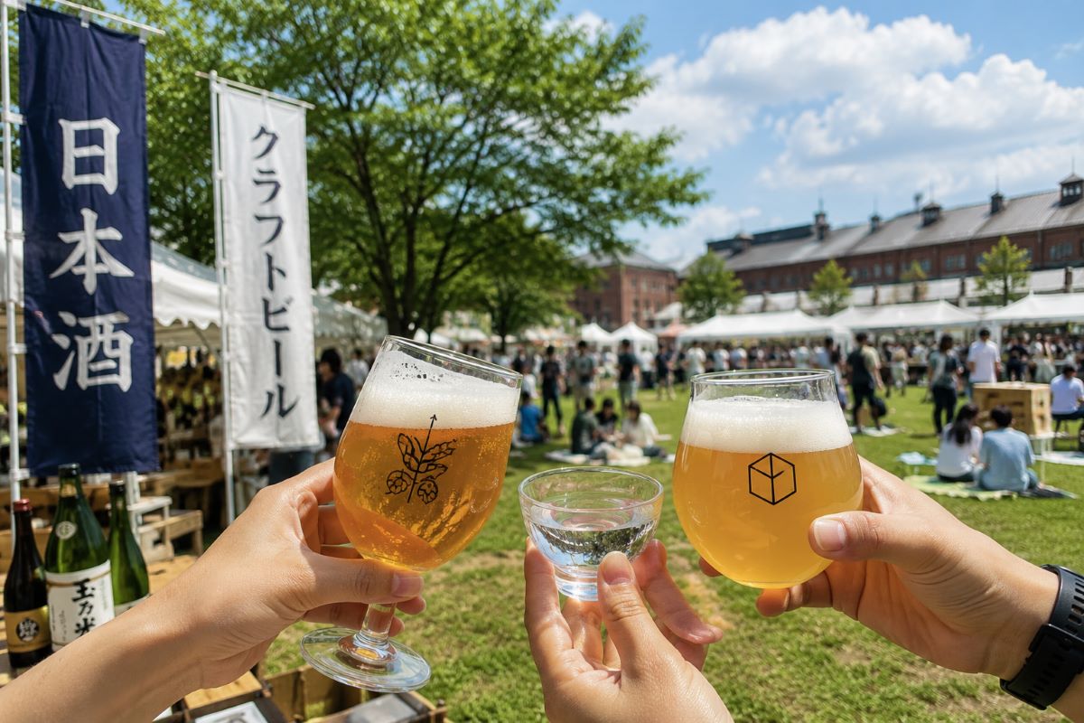 青空の公園でクラフトビールと日本酒を掲げて乾杯する、こめとむぎフェスをイメージした風景