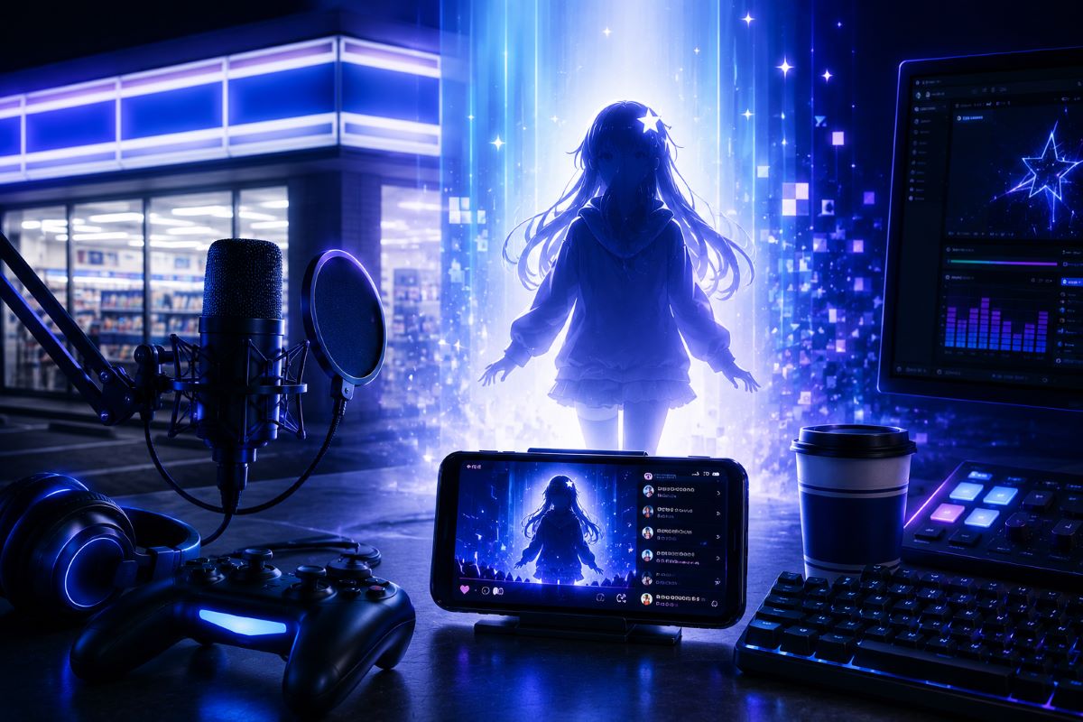 配信機材とゲームコントローラーが並ぶ空間に、新人VTuberを思わせるシルエットが浮かぶ未来的な風景