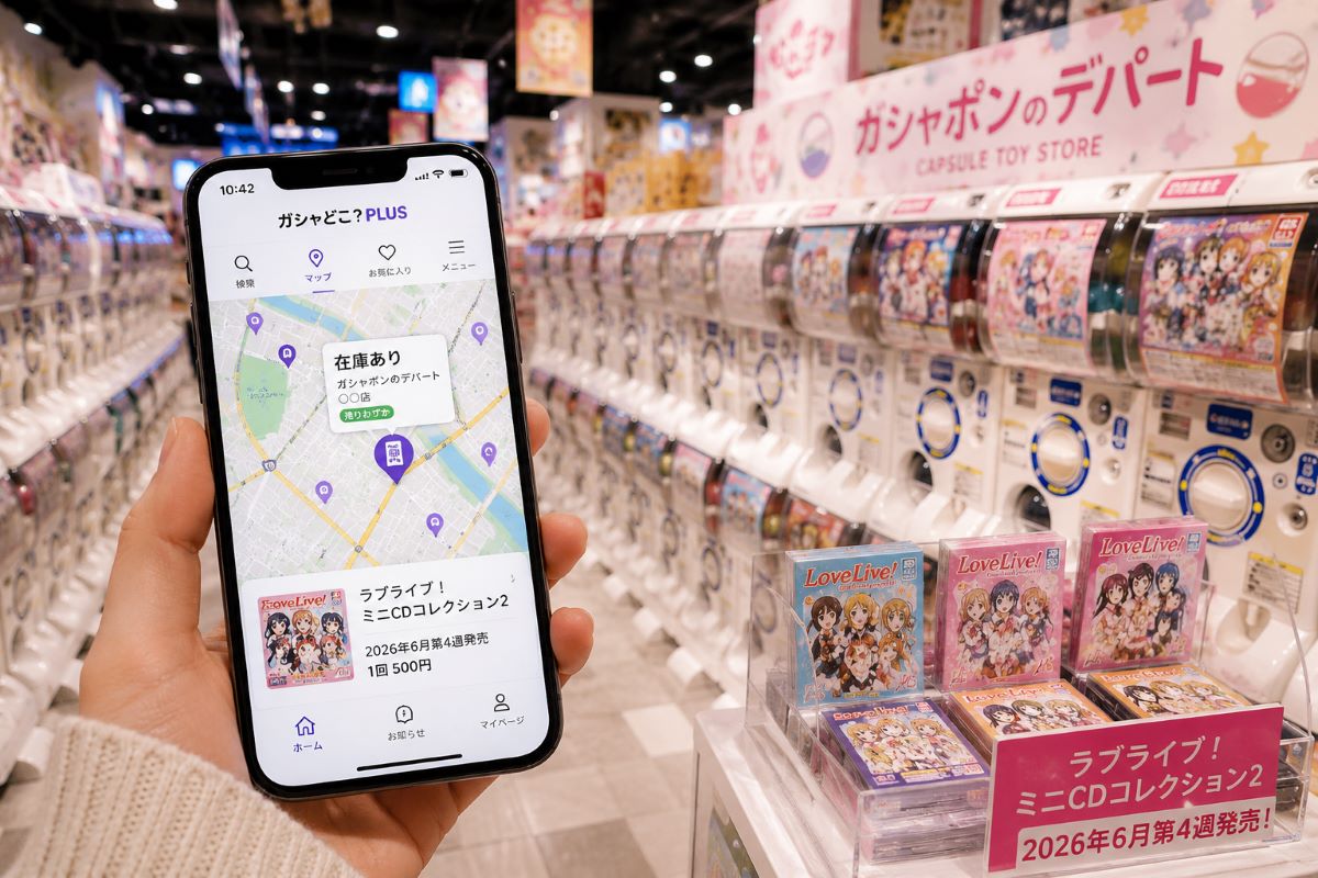 ガシャポン専門店でスマートフォンの検索画面を確認しながらミニCDコレクションを探している様子
