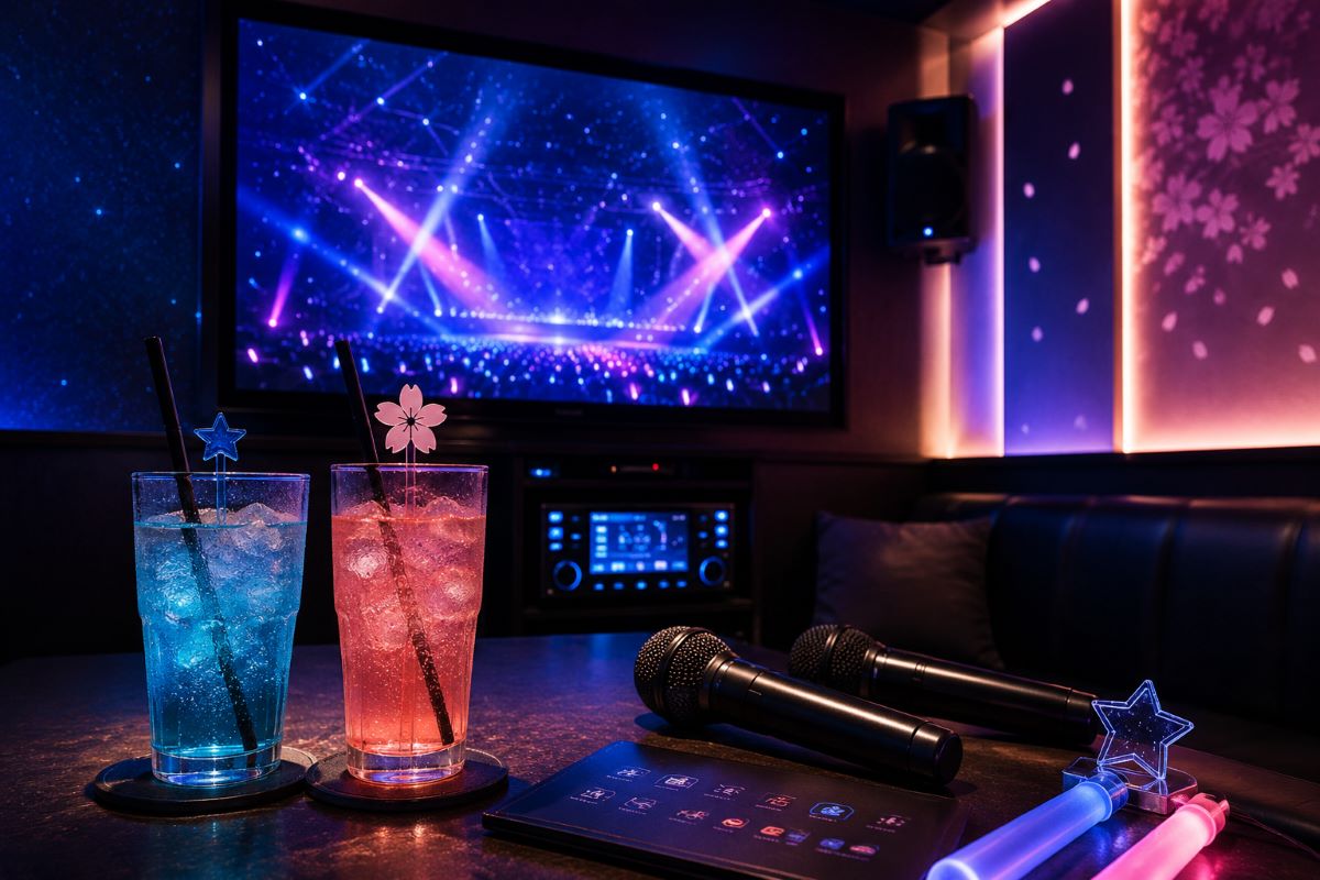 青と桜色のドリンクとマイクが並ぶカラオケルームでライブ会場のような雰囲気を楽しむ空間