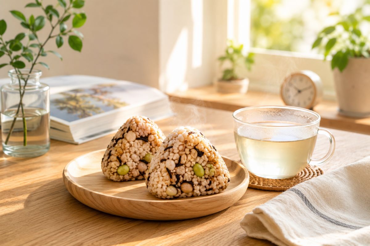 朝日が差し込む食卓で、雑穀おにぎりと温かい飲み物をゆったり楽しむ朝食風景