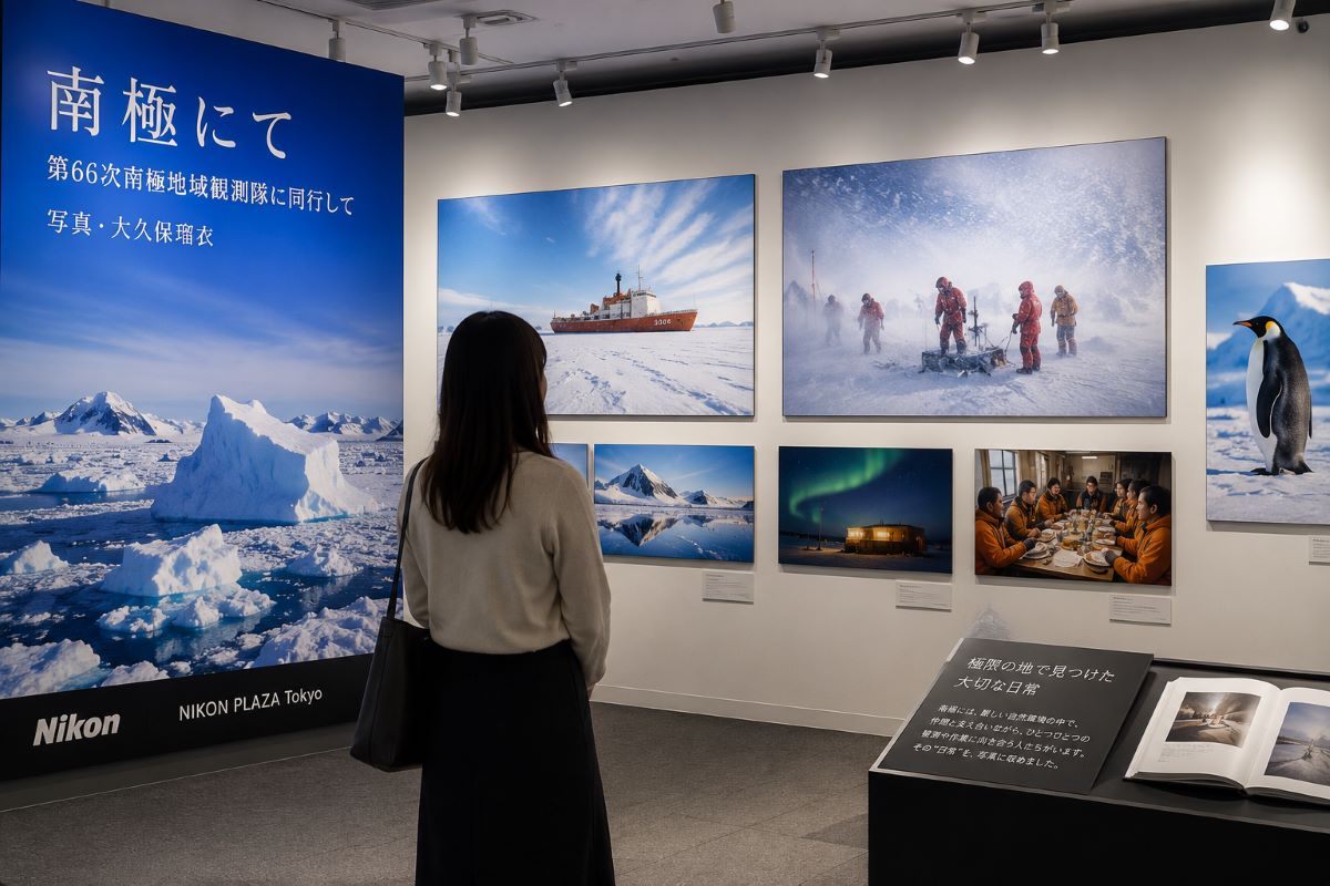 南極観測隊や氷山の写真が並ぶギャラリーで、来場者が展示を見つめている様子