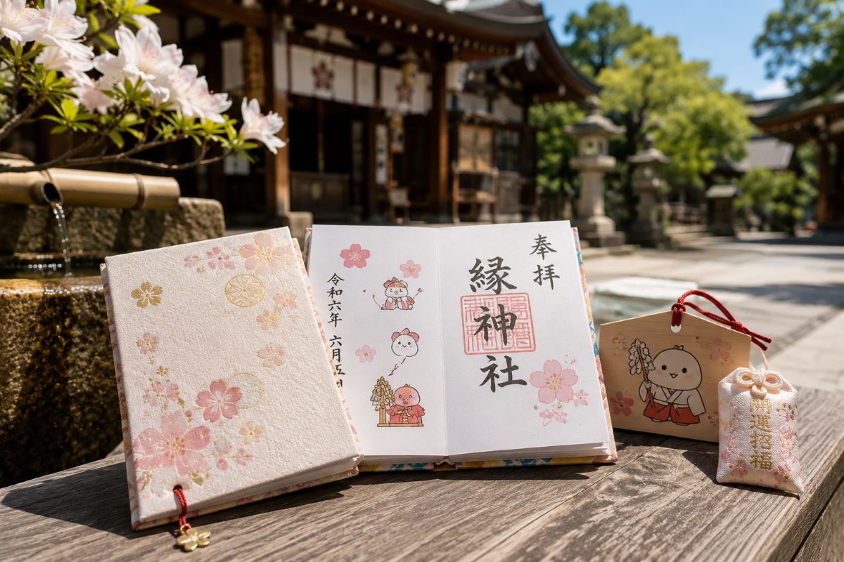 神社の境内で御朱印帳と御朱印を広げ、穏やかな参拝時間を楽しむ様子を表現した風景